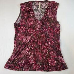 Lea & Nicole Sleeveless Gathered V-Neck Tank Pink & Brown Floral Design